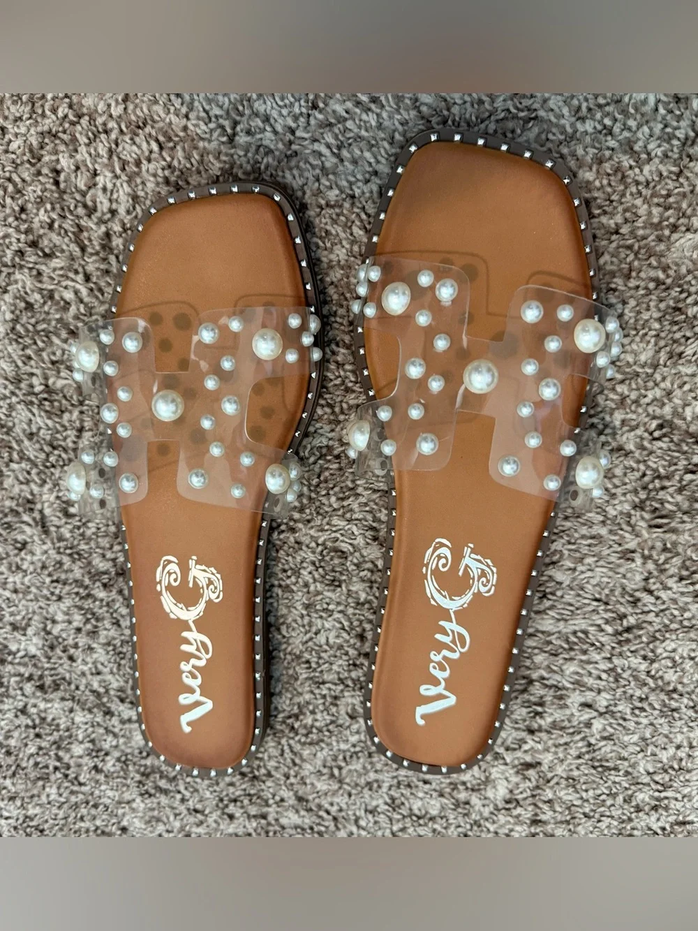 Very G Tan Slide Sandals with Clear Pearl Studded Straps - Picture 1 of 4